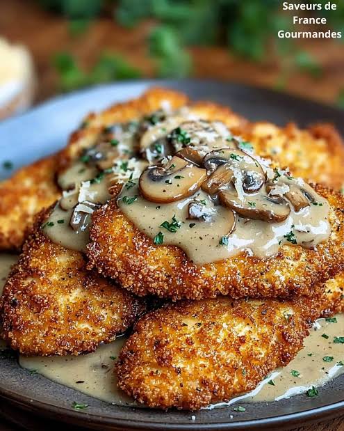 Poulet Panée sauce aux champignon